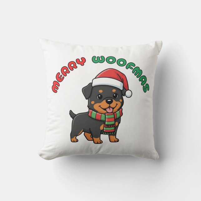 Christmas Rottweiler Pillow: Merry Woofmas Kussen (Voorkant)