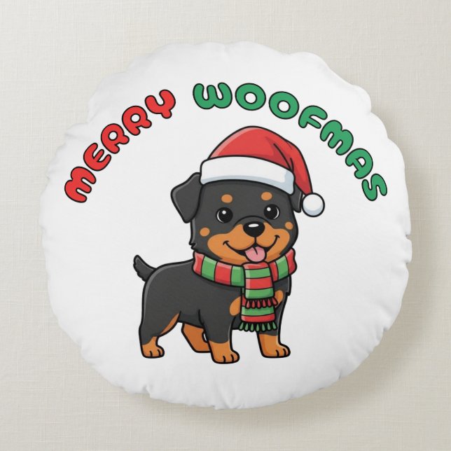 Christmas Rottweiler Round Pillow: Merry Woofmas Rond Kussen (Voorkant)
