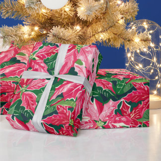 Christmas Ruby Pink Poinsettia N Leaves Pattern Cadeaupapier