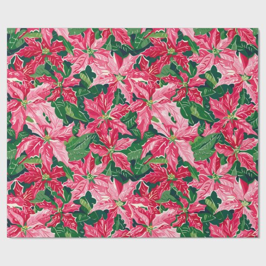 Christmas Ruby Pink Poinsettia N Leaves Pattern Cadeaupapier (Vlak)
