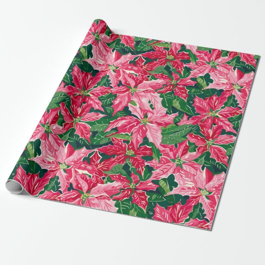 Christmas Ruby Pink Poinsettia N Leaves Pattern Cadeaupapier (Uitgerold)