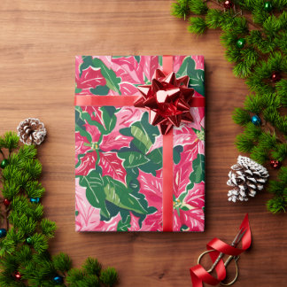 Christmas Ruby Pink Poinsettia N Leaves Pattern Cadeaupapier