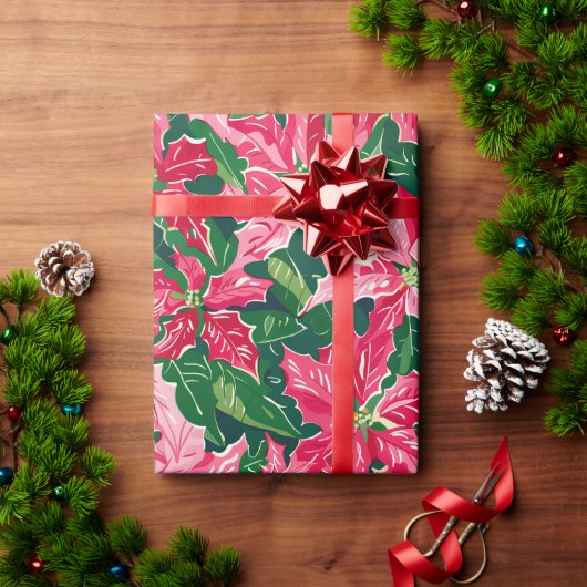 Christmas Ruby Pink Poinsettia N Leaves Pattern Cadeaupapier (Feestdagen Geschenken)