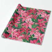 Christmas Ruby Pink Poinsettia N Leaves Pattern Cadeaupapier (Uitgerold)