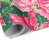 Christmas Ruby Pink Poinsettia N Leaves Pattern Cadeaupapier (Rol Hoek)