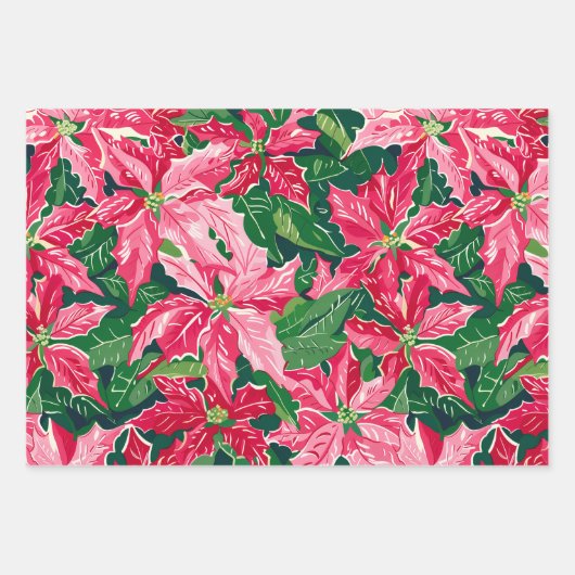 Christmas Ruby Pink Poinsettia N Leaves Pattern Inpakpapier Vel (Voorkant 3)