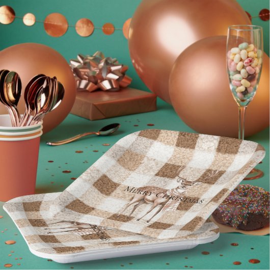 Christmas Rustic Cream Brown Plaid Deer Papieren Bordje (Multi)