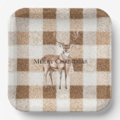 Christmas Rustic Cream Brown Plaid Deer Papieren Bordje (Voorkant)