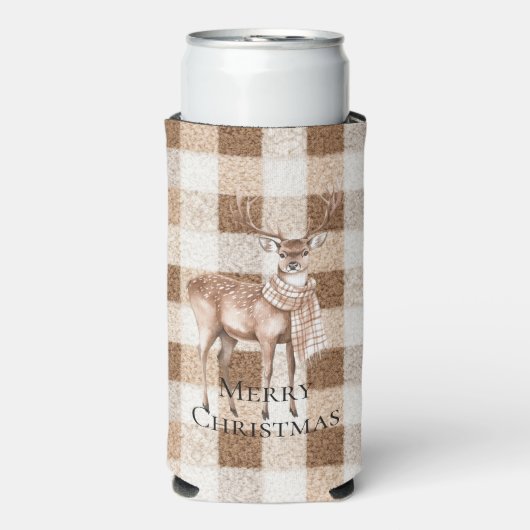 Christmas Rustic Cream Brown Plaid Deer Seltzer Blikjeskoeler (Seltzer Voorkant)