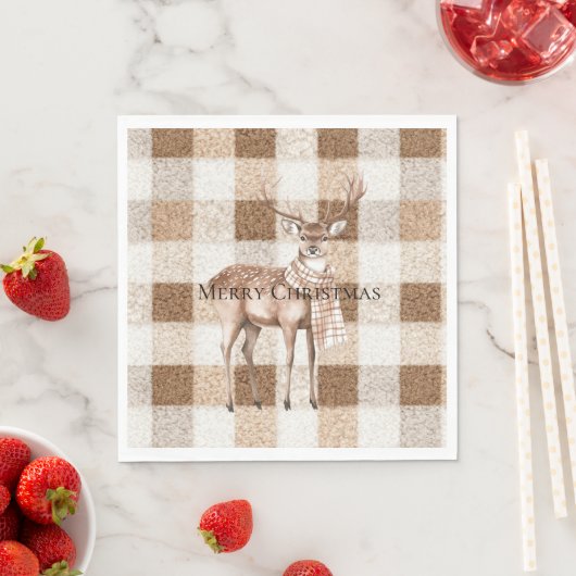 Christmas Rustic Cream Brown Plaid Deer Servet (Insitu)