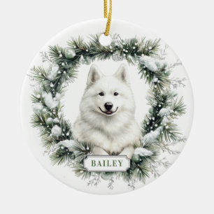 Christmas Samoyed Dog Ceramic Circle Ornament