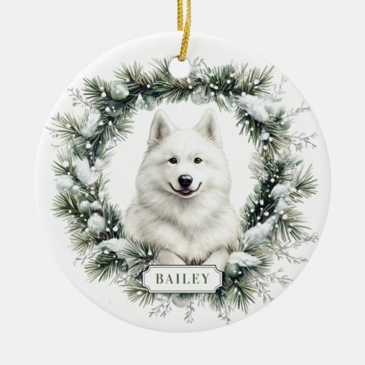 Christmas Samoyed Dog Ceramic Circle Ornament (Voorkant)