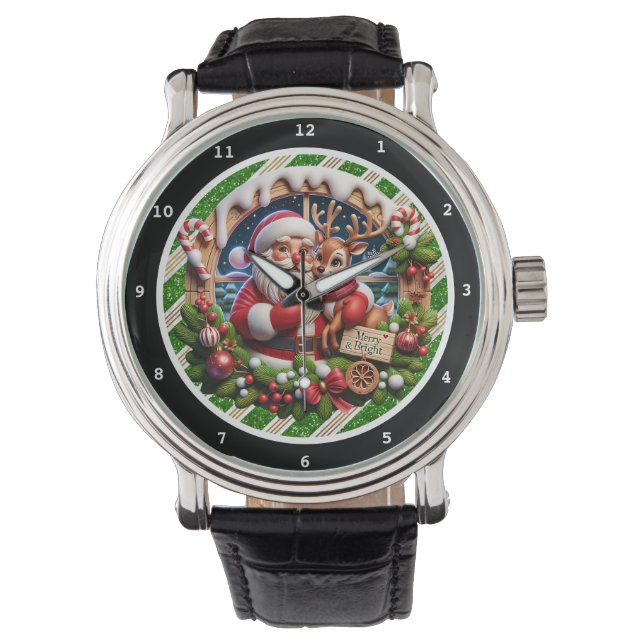 Christmas Santa and Reindeer Bright  Horloge (Voorkant)