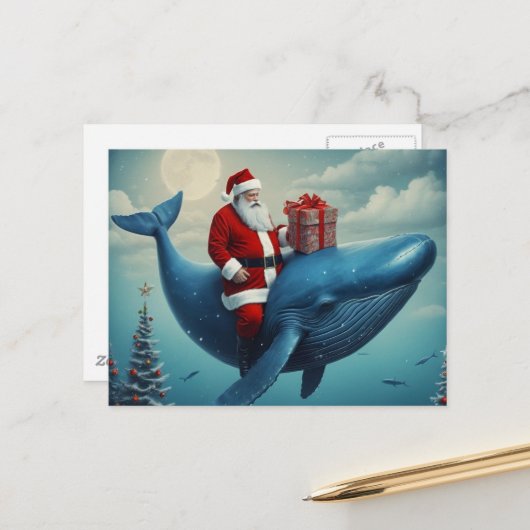 Christmas Santa and Whale Surreal Briefkaart (Voorkant / Achterkant in situ)