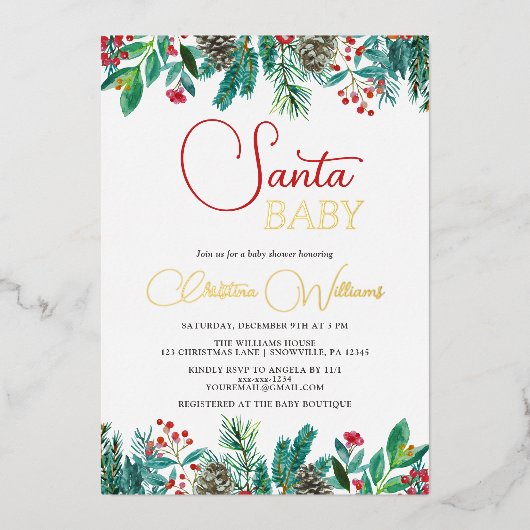 Christmas Santa Baby Genderneutraal Baby shower Folie Uitnodiging (Voorkant)