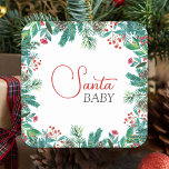 Christmas Santa Baby Genderneutraal Vierkante Sticker<br><div class="desc">Bent u op zoek naar een baby shower met kerstthema? Je hoeft niet verder te kijken. Deze charmante stickers tonen grillige waterverf groen en dennenappels. Gebruik de Ontwerpgereedschappen om de tekst,  het lettertype en de kleuren aan te passen.</div>