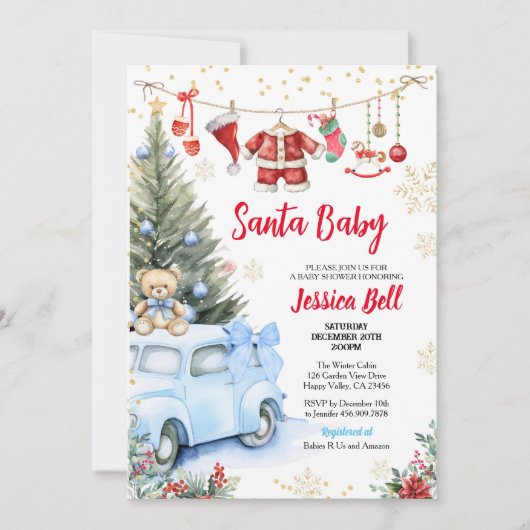 Christmas Santa Baby shower Boy Blue Retro Auto Kaart (Voorkant)