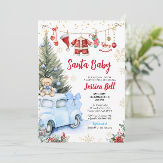 Christmas Santa Baby shower Boy Blue Retro Auto Kaart (Staand voorkant)