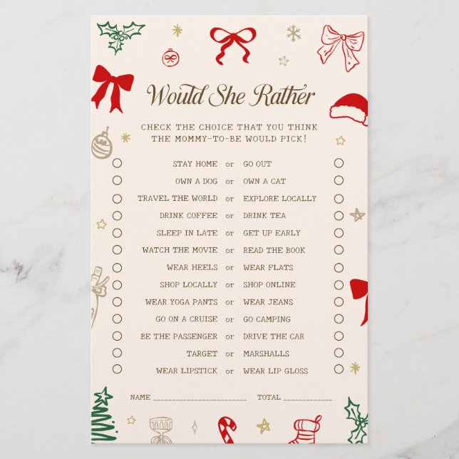 Christmas Santa Baby Shower Would She Rather Game (Voorkant)