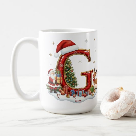 Christmas Santa Claus Elf Penguin Alphabet G Koffiemok (Met donut)