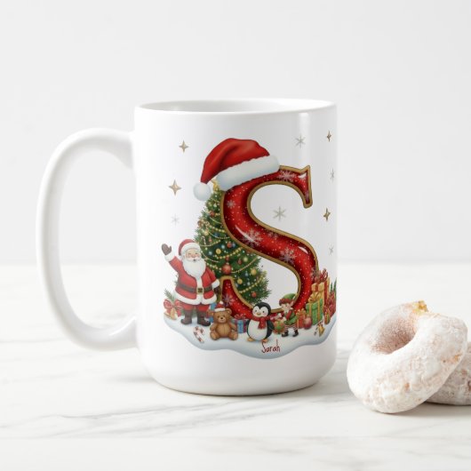 Christmas Santa Claus Elf Penguin Alphabet S Koffiemok (Met donut)