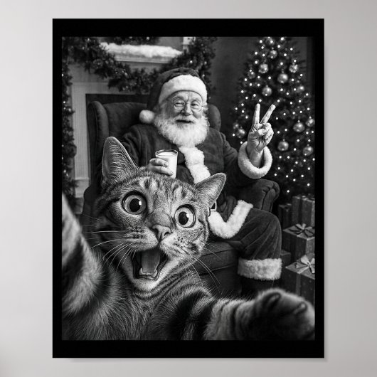 Christmas Santa Claus Merry X-mas Funny Cat Selfie Poster (Voorkant)