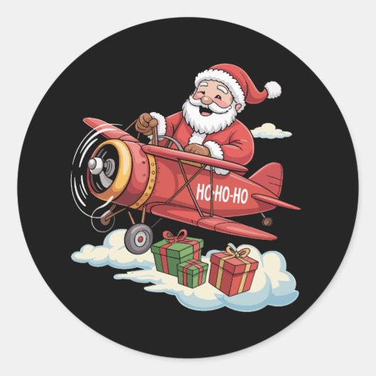 Christmas Santa Claus Pilot Flying Airplane Gift Ronde Sticker (Voorkant)