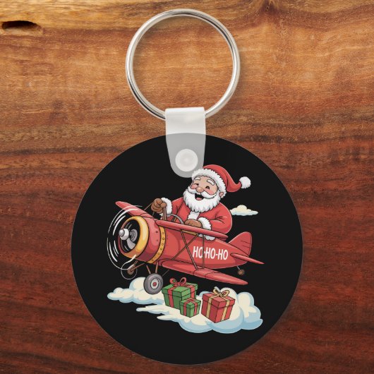 Christmas Santa Claus Pilot Flying Airplane Gift Sleutelhanger (Voorkant)