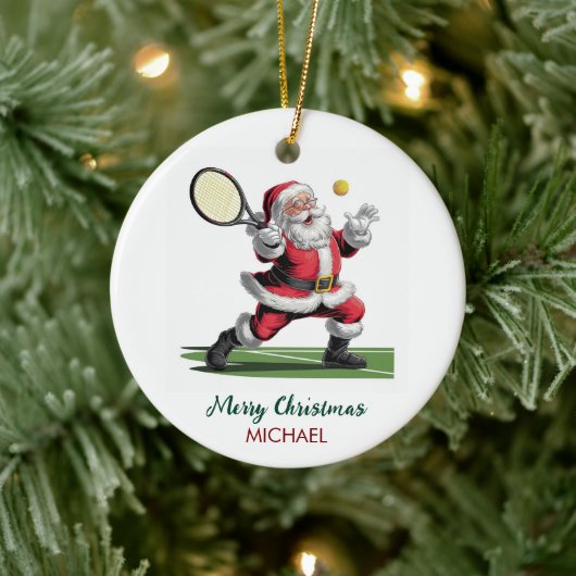 Christmas Santa claus playing tennis Personalized Keramisch Ornament (Boom)