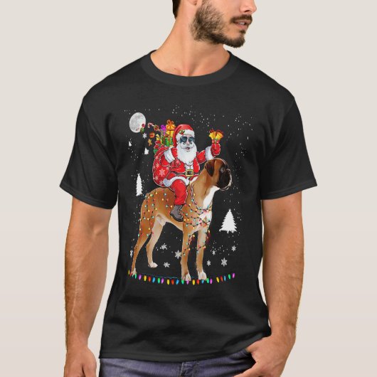 Christmas Santa Claus Riding Boxer Dog Lights Xmas T-shirt (Voorkant)