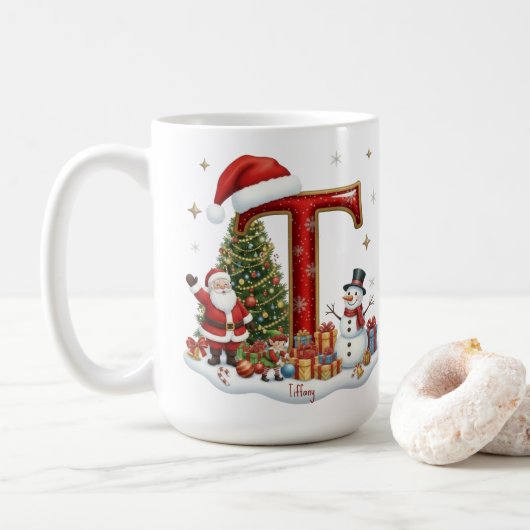 Christmas Santa Claus Snowman Elf Alphabet T  Koffiemok (Met donut)