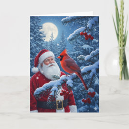 Christmas Santa Claus with Cardinal in Snowy Tree Feestdagen Kaart