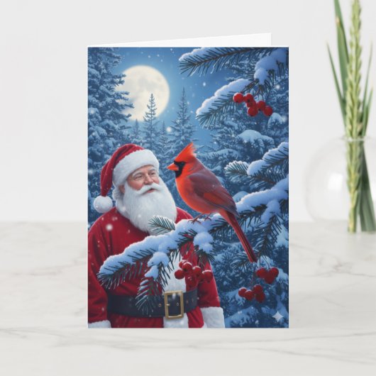 Christmas Santa Claus with Cardinal in Snowy Tree Feestdagen Kaart (Voorkant)