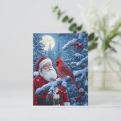 Christmas Santa Claus with Cardinal in Snowy Tree Feestdagenkaart (Staand voorkant)