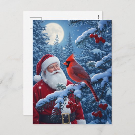 Christmas Santa Claus with Cardinal in Snowy Tree Feestdagenkaart (Voorkant / Achterkant)