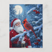 Christmas Santa Claus with Cardinal in Snowy Tree Feestdagenkaart (Voorkant)