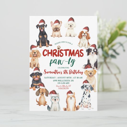 Christmas Santa Dog Lovers Theme Birthday Paw-ty Kaart (Staand voorkant)