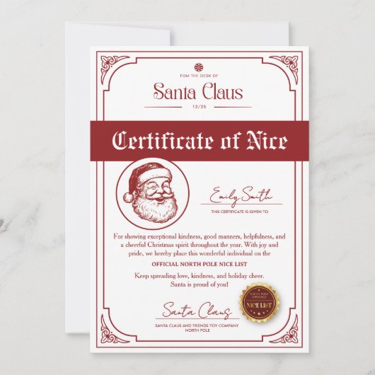 Christmas Santa Nice List Certificate Kaart (Voorkant)