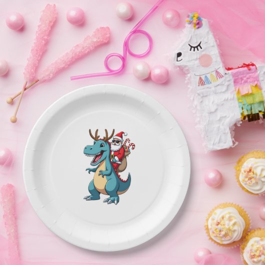 Christmas Santa Riding Dinosaur Deer Xmas (1) Papieren Bordje (Feest)