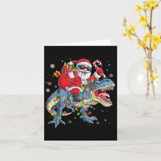 Christmas Santa Riding Dinosaur Funny Xmas Lights  Kaart (Gele Bloem)