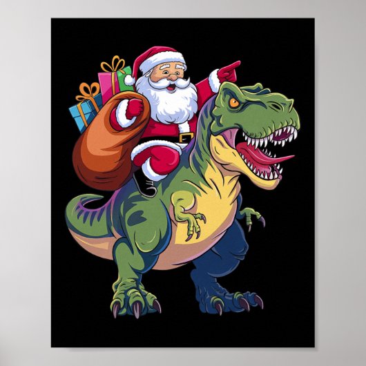 Christmas Santa Riding Dinosaur T-rex Boys Kinder Poster (Voorkant)