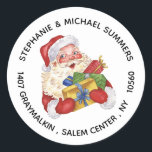 Christmas Santa Watercolor Round Return Address Ronde Sticker<br><div class="desc">Dit ontwerp kan op het gebied worden gepersonaliseerd dat door de foto en/of tekst te veranderen wordt verstrekt. Of het kan worden aangepast door te klikken deze Sjabloon personaliseert en dan de klik te kiezen om verdere optie aan te passen en de kleur van de achtergrond te schrappen of te...</div>