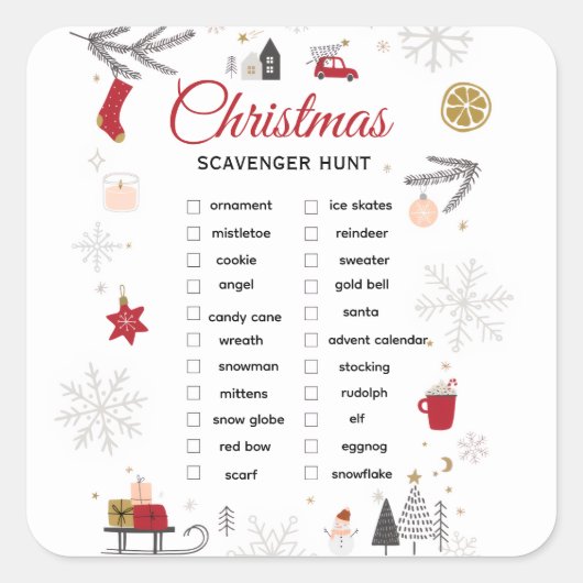 Christmas Scavenger Hunt Checklist Art Vierkante Sticker (Voorkant)