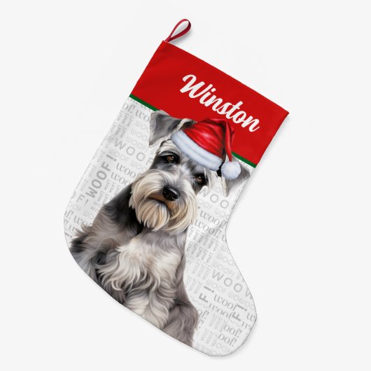 Christmas Schnauzer Dog Name Woof Background Grote Kerstsok (Voorkant (Hangend))