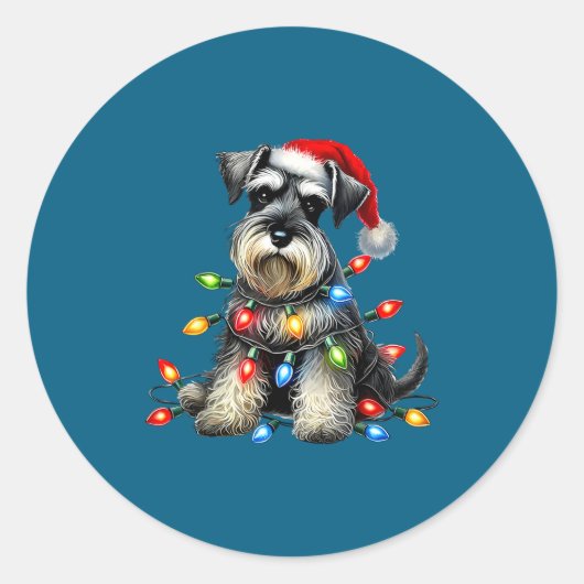 Christmas Schnauzer Dog Santa Hat Xmas Light Holid Ronde Sticker (Voorkant)