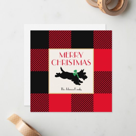 Christmas Scottie Hond Buffel Plaid Rood Flat Notitiekaartje (Voorkant / Achterkant in situ)