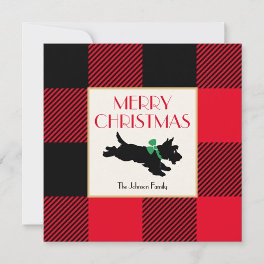 Christmas Scottie Hond Buffel Plaid Rood Flat Notitiekaartje (Voorkant)