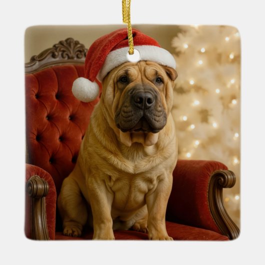 Christmas Shar-Pei Dog With Santa Hat Keramisch Ornament (Voorkant)