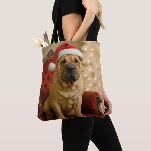 Christmas Shar-Pei Dog With Santa Hat Tote Bag (Dichtbij)