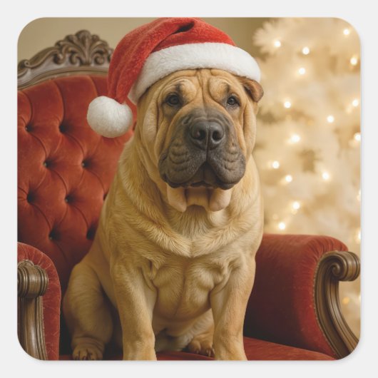Christmas Shar-Pei Dog With Santa Hat Vierkante Sticker (Voorkant)